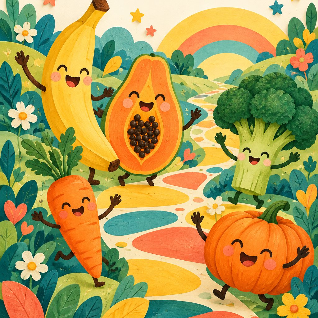 Jardim imaginário com personagens de banana, mamão, brócolis, cenoura e abóbora.