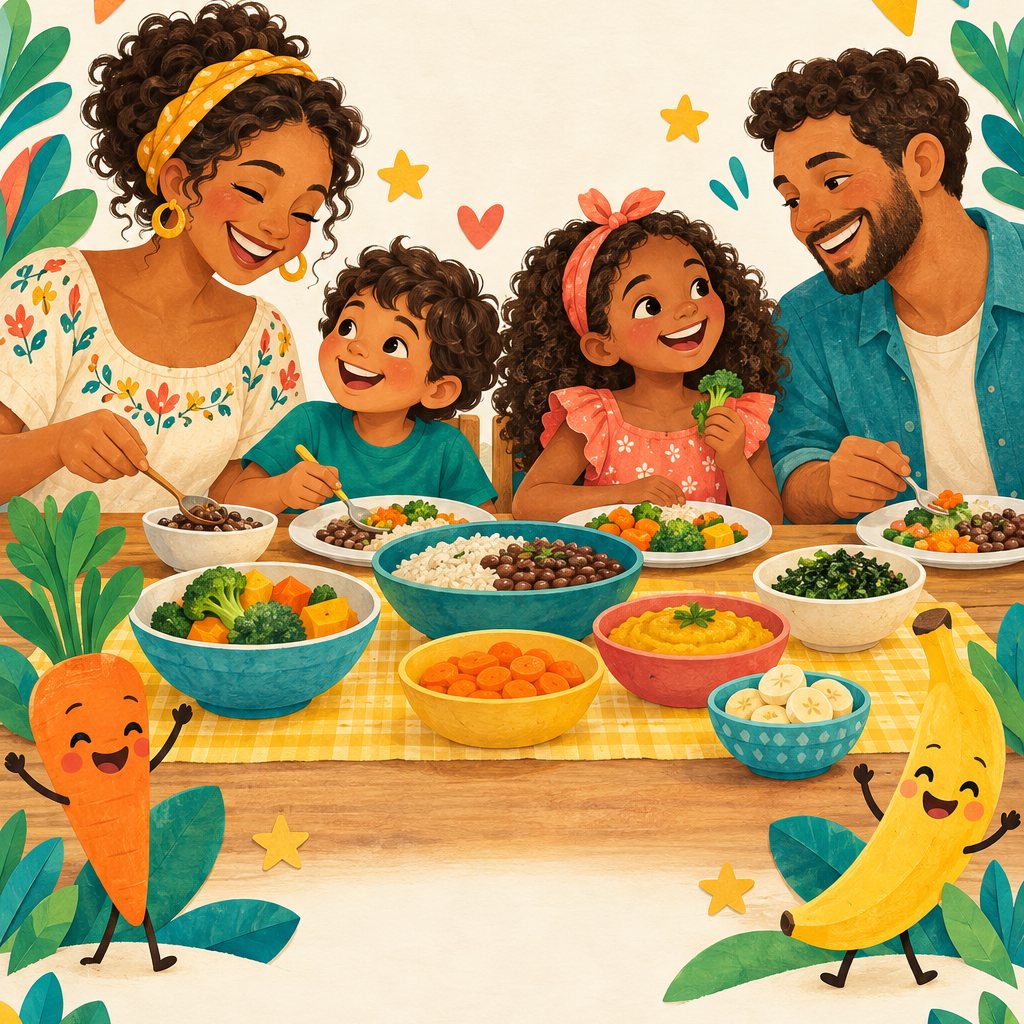 Ilustração de uma família sentada à mesa, com alimentos coloridos e personagens de cenoura e banana.