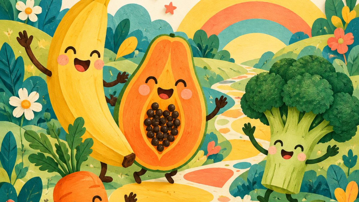 Personagens de banana, mamão e brócolis num jardim colorido